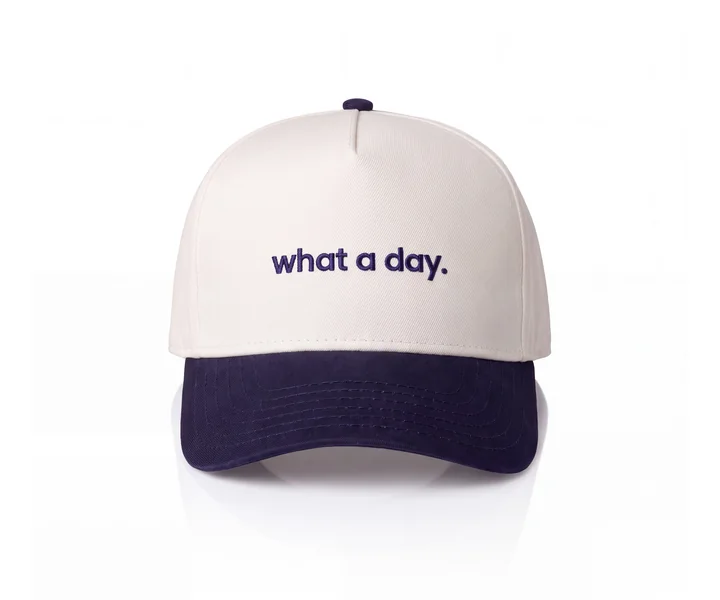 the cap from the front: cream crown, navy brim, what a day. embroidered in navy