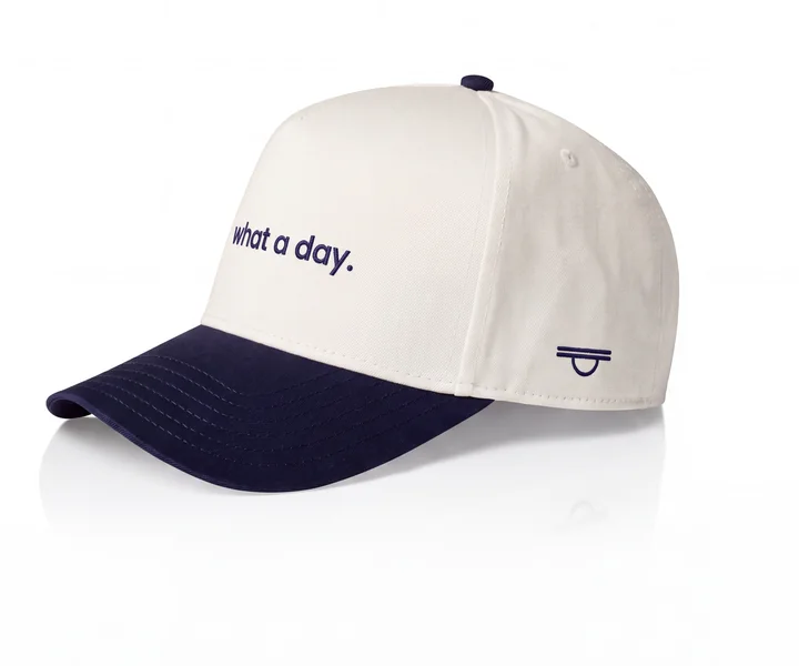 the cap from the left: navy brim, sunset mark on the side